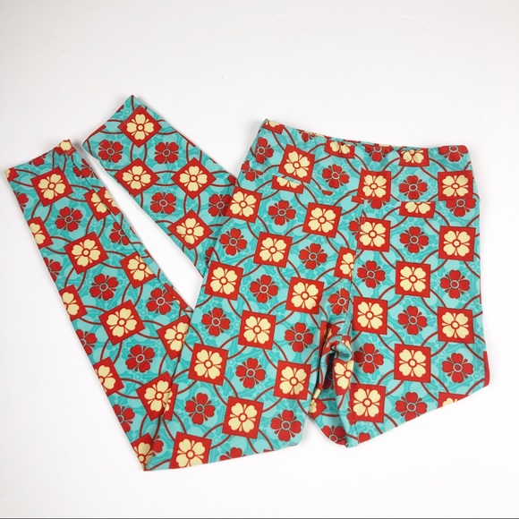 LuLaRoe Tween Blue Orange Yellow Print Leggings - Picture 9 of 9